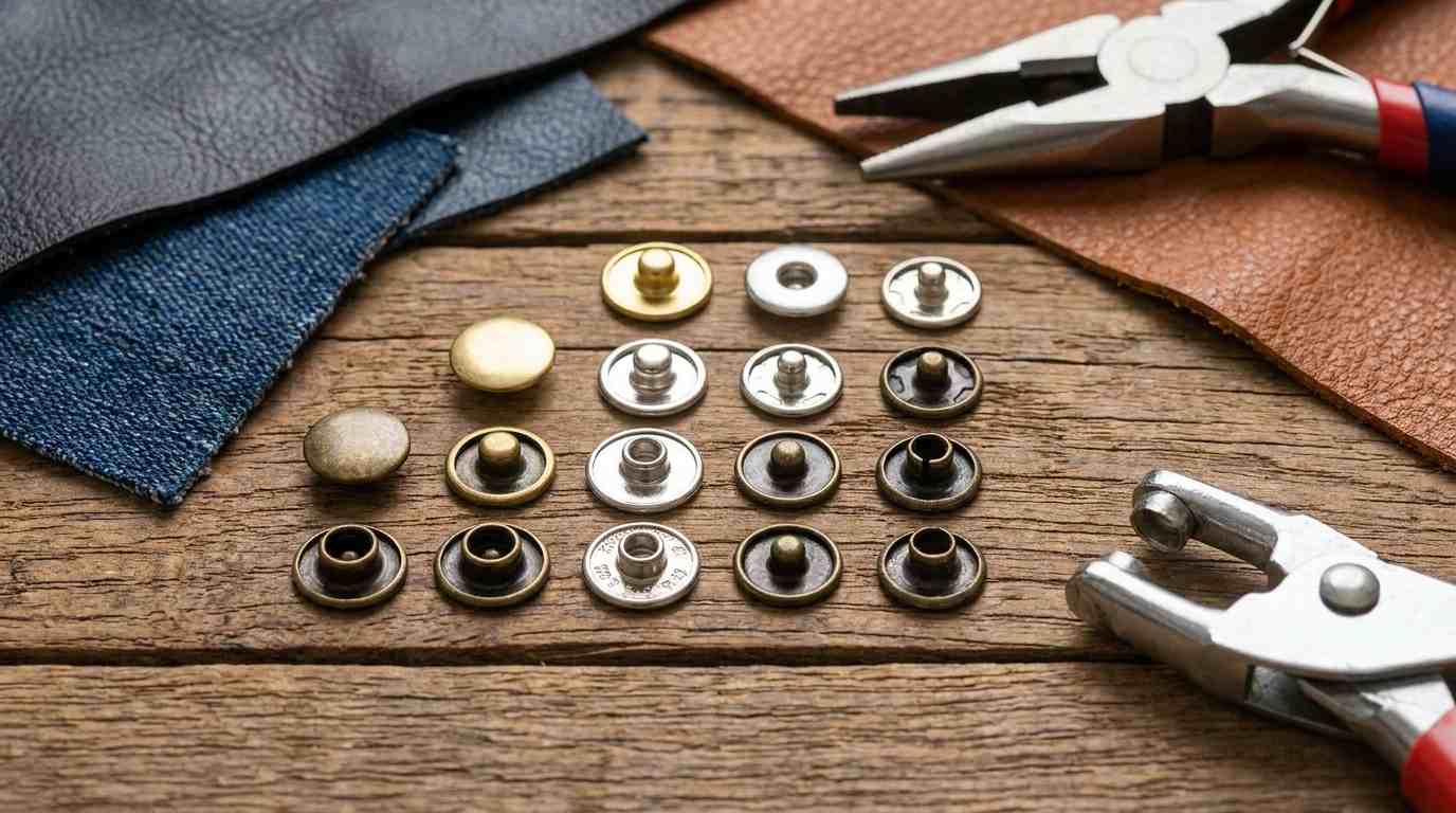 custom size snap buttons, Custom size snap buttons in gold and silver finishes are arranged in rows on a wooden surface beside setting tools and fabric swatches.